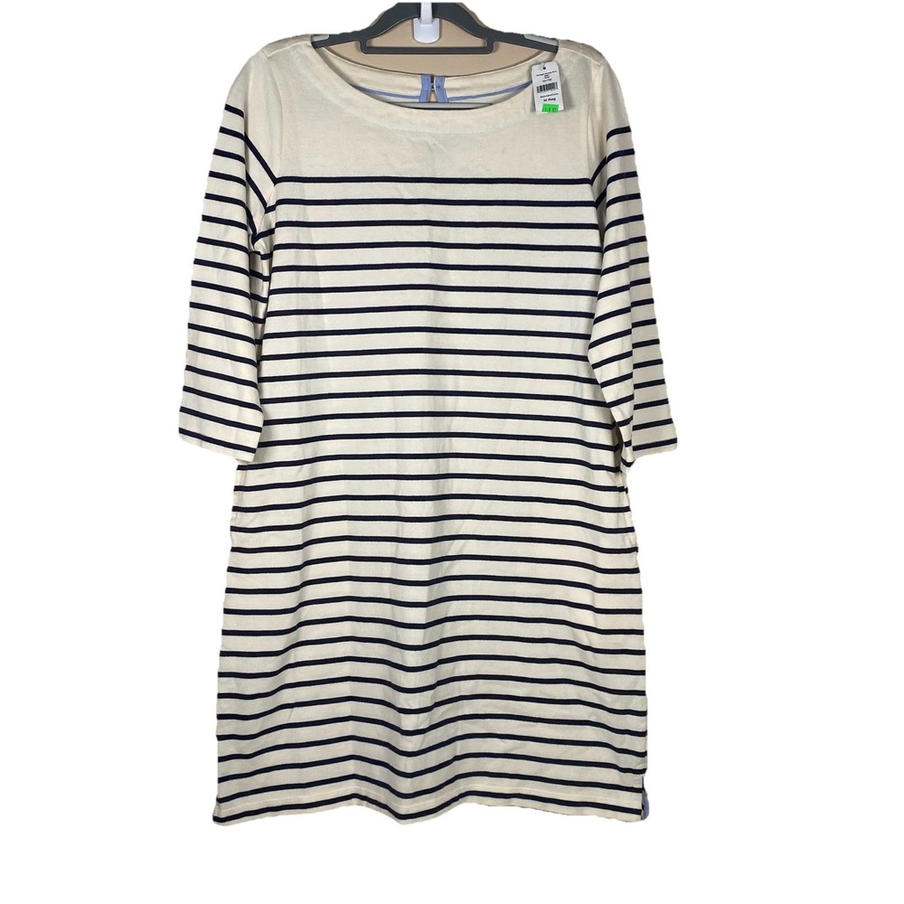 LL Bean Heritage Mariner Navy Cream Boatneck Cotton Dress Pockets Size M NWT